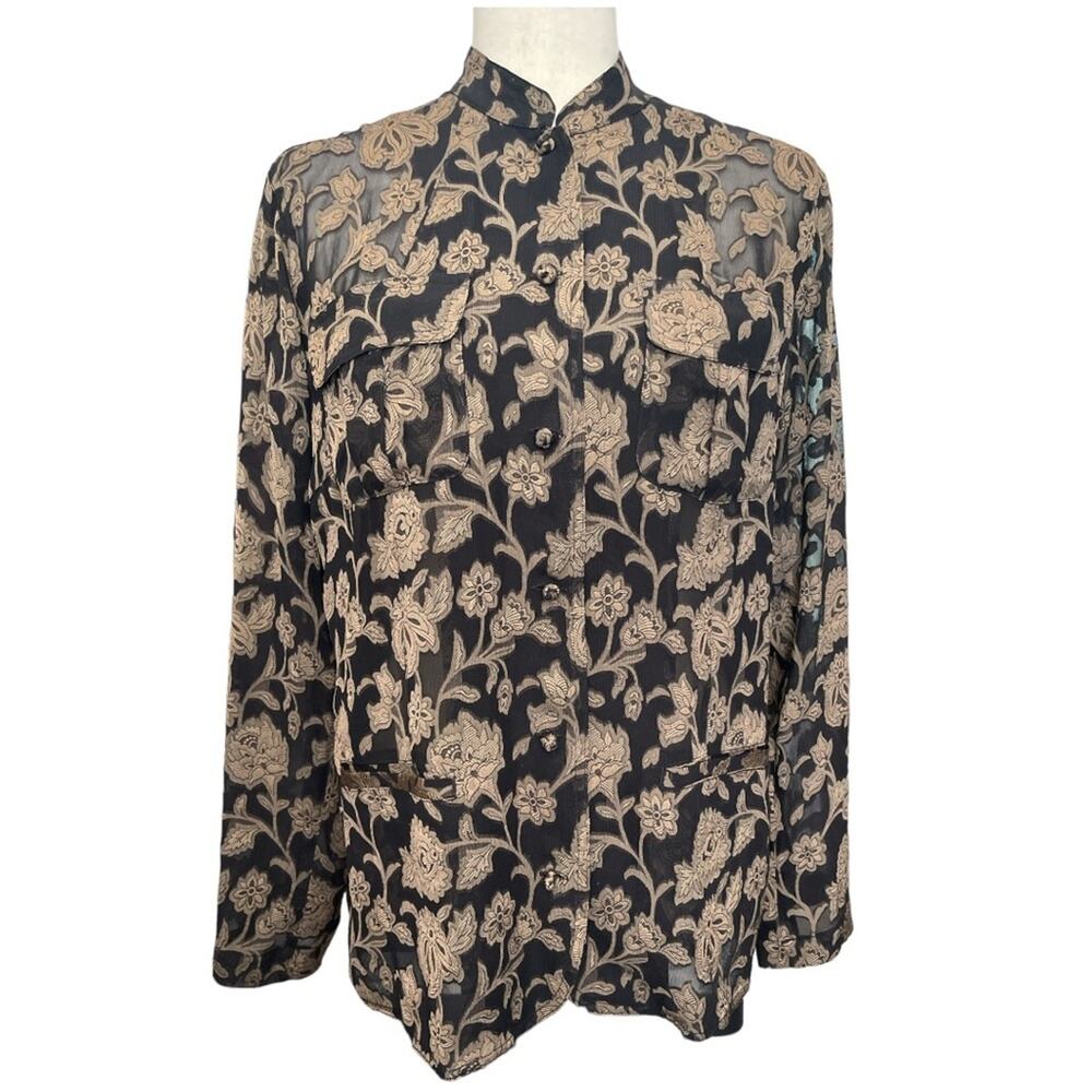 Chico’s Silk Blend Semi Sheer Black/Gold Print Tunic